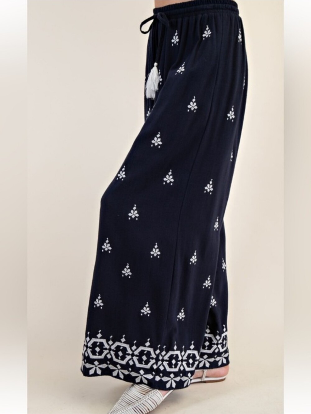8-0515 Easel Navy Wide Leg Embroidered Palazzo Pants with Tassel Tie